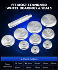 Bearing Press Kit & Blind Hole Collet Bearing Race and Seal Puller Extractor Kit showing 9 driver discs and tool, fit for wheel bearings and seals.