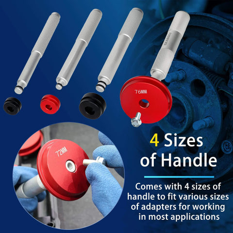Close-up of Bearing Press Kit with 4 handle sizes, Bearing Race and Seal Driver Set, showing adapters and installation view