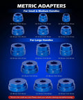 Various metric adapters for 33pc Bearing Press Kit for Small Vehicles, showing different sizes for small, medium, and large handles.