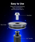 Assembly diagram for Bearing Press Kit, 10pc Bearing Race and Seal Driver Set, showing hex bolt, disc collar, and handle components.