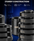 Stacked parts of 38pc 2-in-1 Bearing Press Kit, Front Wheel Bearing Removal Kit, premium carbon steel construction.