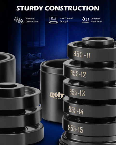 Stacked parts of 38pc 2-in-1 Bearing Press Kit, Front Wheel Bearing Removal Kit, premium carbon steel construction.
