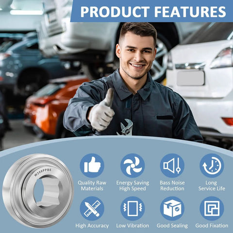 Heavy duty 1 inch square bore disc harrow bearing with triple lip seal and Chevron grease shown with mechanic and product features