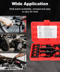 Bearing Puller Kit, 10 Pcs Blind Hole Bearing Puller Set in red case, shown with use illustrations for motorcycles and automotive repairs