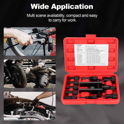 Bearing Puller Kit, 10 Pcs Blind Hole Bearing Puller Set in red case, shown with use illustrations for motorcycles and automotive repairs