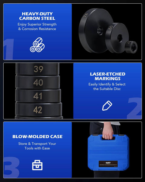 2 in 1 Blind Hole Bearing Puller & Bushing Press Kit showing heavy-duty carbon steel components, laser-etched markings, and blow-molded case.
