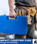 Person holding blue compact carrying case for 36 In 1 Bearing Puller Kit With Upgraded Blind Hole Design Pro Grade Bearing Removal Tool.