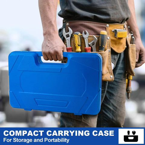Person holding blue compact carrying case for 36 In 1 Bearing Puller Kit With Upgraded Blind Hole Design Pro Grade Bearing Removal Tool.