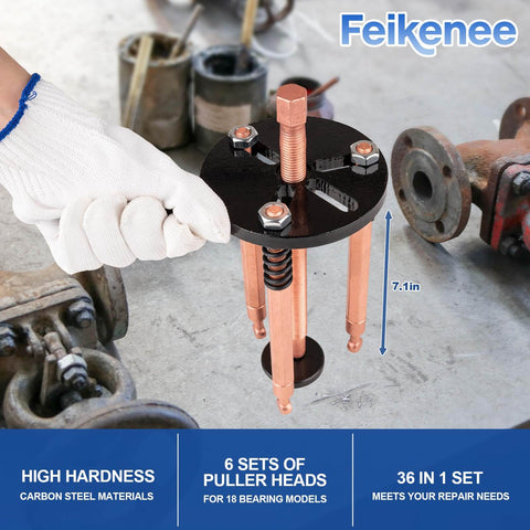 36 In 1 Bearing Puller Kit With Upgraded Blind Hole Design Pro Grade Bearing Removal Tool in use with three jaw puller hooks