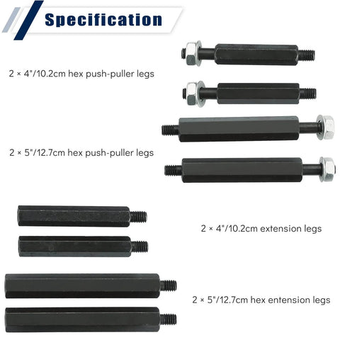 Components of Beefed Up Bearing Separator And Puller Set With Two Inch And Three Inch Splitters Fourteen Piece Kit To Remove Bearings Gears Pulleys Steering Wheels And More Includes Five Inch Crossbar Six And One Quarter Inch Lead Screw Forged Steel Attachments