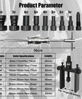 12 Piece Blind Hole Collet Bearing Puller Set With Slide Hammer For 8 To 32 Mm Internal Bearing Extractor Kit showing components and dimensions