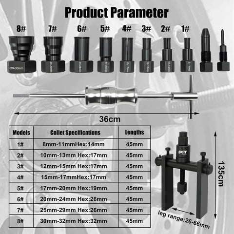 12 Piece Blind Hole Collet Bearing Puller Set With Slide Hammer For 8 To 32 Mm Internal Bearing Extractor Kit showing components and dimensions