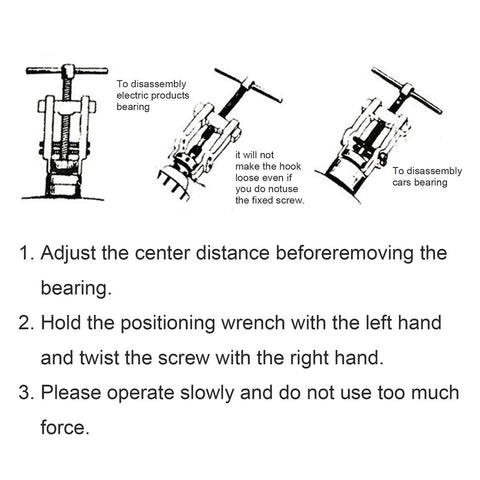 Diagram showing usage instructions for Three Inch Two Jaw Bearing Puller Tool Set With Adjustable Carbon Steel Mandrel Gear Pulley And Flywheel Remover For Motorcycle Car And Industrial Machine Use.