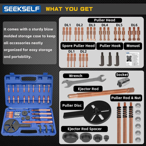 Contents of the 36-in-1 Bearing Puller Set, Inner Bearing Puller Separator Kit, Blind Hole Bearing Removal Tool, Blue case with tools.