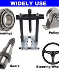 Bearing Puller Set, 5 Ton Capacity Bearing Separator Kit shown with pulleys, gears, and steering wheels, heavy duty tool in use.