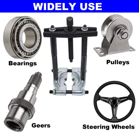Bearing Puller Set, 5 Ton Capacity Bearing Separator Kit shown with pulleys, gears, and steering wheels, heavy duty tool in use.