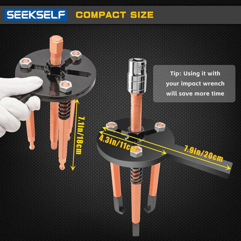 36-in-1 Bearing Puller Set with measurement guides for compact size, featuring impact wrench usage tip for efficient bearing removal