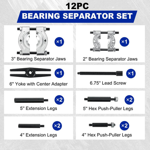 12 Piece Bearing Puller Set, Heavy Duty 5 Ton Capacity Bearing Separator Kit With 2 Inch And 3 Inch Jaws displayed with components