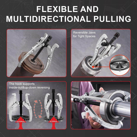 Heavy Duty Six Piece Bearing Puller Set For 1 To 8 Inch Gear And Pulley Pulling With Reversible Two Jaw And Three Jaw Heads dual hole design, showing flexible and multidirectional pulling capability.