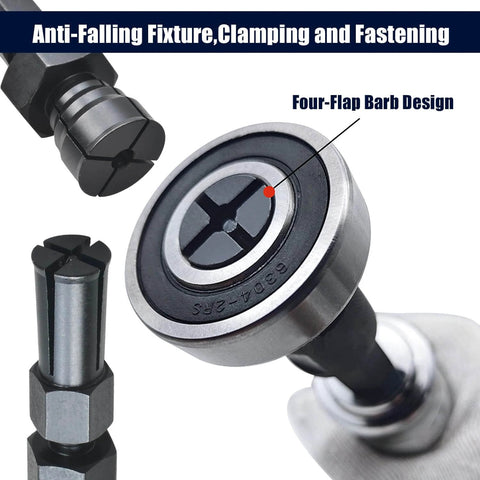Close-up of 12pcs Blind Hole Collet Bearing Puller Set showing four-flap barb design for internal bearing extraction.