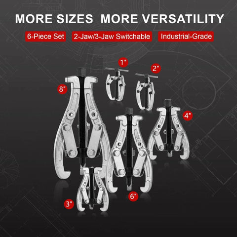 Heavy Duty Six Piece Bearing Puller Set For 1 To 8 Inch Gear And Pulley Pulling With Reversible Two Jaw And Three Jaw Heads Dual Hole Design
