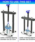 Bearing Puller Set, 5 Ton Capacity Bearing Separator Kit with 2" and 3" Jaws showing installation and removal of bearings.