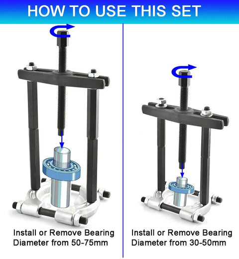 Bearing Puller Set, 5 Ton Capacity Bearing Separator Kit with 2" and 3" Jaws showing installation and removal of bearings.