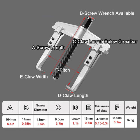 Heavy-Duty Bearing Puller Set diagram with measurements, includes Two Jaw Adjustable Pulley Puller Tool for mechanics and auto repair.
