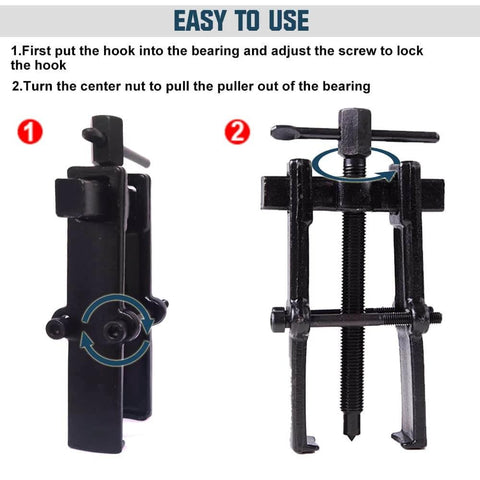 4 Bearing Puller 2'' 3'' 4'' 6'' with 2 Jaws Bearing Puller Tool Adjustable, shown with hook and center nut for easy use instructions.