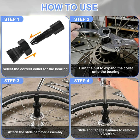 Illustration of using 12PCS Blind Hole Bearing Puller Set with Slide Hammer on bike wheel steps