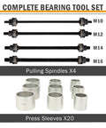 28 Piece Press And Pull Sleeve Kit For Removing Bearings Bushings Seals For Cars And Light Trucks Universal Auto Tool Set With 34 To 68 Millimeter Inner Diameters shown with spindles and sleeves