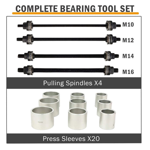 28 Piece Press And Pull Sleeve Kit For Removing Bearings Bushings Seals For Cars And Light Trucks Universal Auto Tool Set With 34 To 68 Millimeter Inner Diameters shown with spindles and sleeves