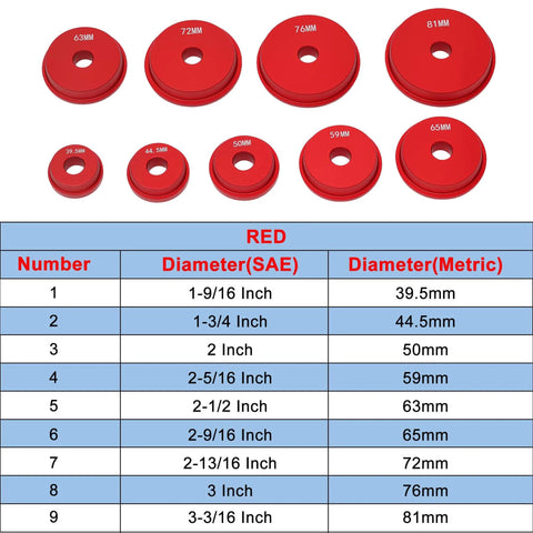 Red adapters for Pro Grade Bearing Race And Seal Driver Kit With 9 Adapters And Heavy Duty Handle, covering 39.5 to 81mm sizes.