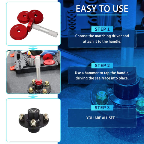 Instructions showing Pro Grade Bearing Race And Seal Driver Kit With 9 Adapters And Heavy Duty Handle, Case And Gloves For Wheel Bearing Presses