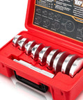 Pro Grade Universal Bearing Race And Seal Bushing Driver Set Aluminum With 9 Metric Discs And Collars And Durable Case For Automotive Wheel Bearings Removal And Installation From 39.5 To 81mm in red case
