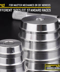 Stack of aluminum discs from Pro Grade Universal Bearing Race And Seal Bushing Driver Set with size markings visible.