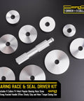 Pro Grade Universal Bearing Race And Seal Bushing Driver Set Aluminum With 9 Metric Discs And Collars And Durable Case For Automotive Wheel Bearings Removal And Installation From 39.5 To 81mm, showing 9 aluminum discs and driver tool.