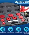 Pro Grade Bearing Race And Seal Driver Kit With 9 Adapters And Heavy Duty Handle, Case And Gloves For Wheel Bearing Presses, Covers 39.5 To 81mm Metric Sizes For Cars And Light Trucks, By GEAROLL, open case with red aluminum adapters displayed