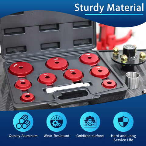 Pro Grade Bearing Race And Seal Driver Kit With 9 Adapters And Heavy Duty Handle, Case And Gloves For Wheel Bearing Presses, Covers 39.5 To 81mm Metric Sizes For Cars And Light Trucks, By GEAROLL, open case with red aluminum adapters displayed