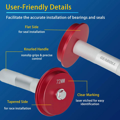 Bearing Press Kit, Bearing Race and Seal Driver Set showing red handle with knurled grip and clear marking
