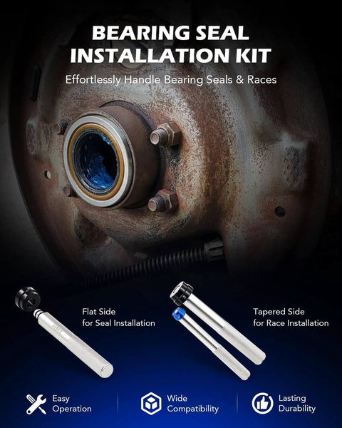 Bearing Seal Installation Kit showcasing two knurled handles for seal and race installation, enhanced compatibility, and durability