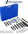 Beefed Up Bearing Separator And Puller Set With Two Inch And Three Inch Splitters Fourteen Piece Kit To Remove Bearings Gears Pulleys Steering Wheels And More Includes Five Inch Crossbar Six And One Quarter Inch Lead Screw Forged Steel Attachments in blue case