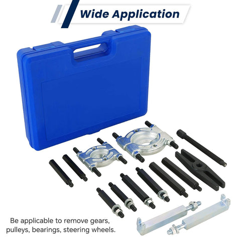 Beefed Up Bearing Separator And Puller Set With Two Inch And Three Inch Splitters Fourteen Piece Kit To Remove Bearings Gears Pulleys Steering Wheels And More Includes Five Inch Crossbar Six And One Quarter Inch Lead Screw Forged Steel Attachments in blue case
