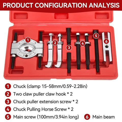 Bearing Separator And Puller Set 9 Piece Portable Heavy Duty Bearing Splitter Tool Kit in red case with components labeled