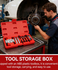 Mechanic using Bearing Separator And Puller Set 9 Piece Portable Heavy Duty Bearing Splitter Tool Kit with red case on a car wheel.