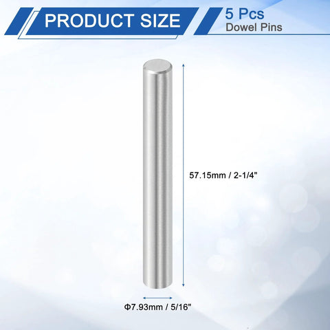 Durable Bearing Steel Dowel Pins 5 Pack 5/16 By 2-1/4 Inch, showing one pin with measurements marked.