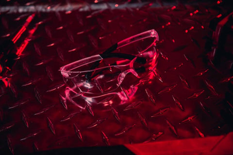 BearKat 3 Anti Fog Polycarbonate Safety Glasses With Non Slip Temples on red metal surface