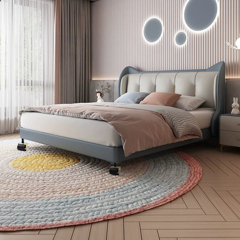 Modern bed with Heavy Duty Bed Frame Casters With Locking And Brakes Set Of 4 For Replacement, on colorful rug in stylish room.