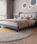 Locking Bed Frame Casters Set Of 4 With Brakes And Stem Socket Sleeves installed on modern bedframe over round carpet