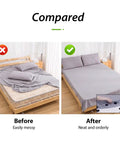 Comparison image of a messy bed and a neatly made bed using One Inch Round Hook And Loop Dots Self Adhesive Fasteners 24 Pairs.